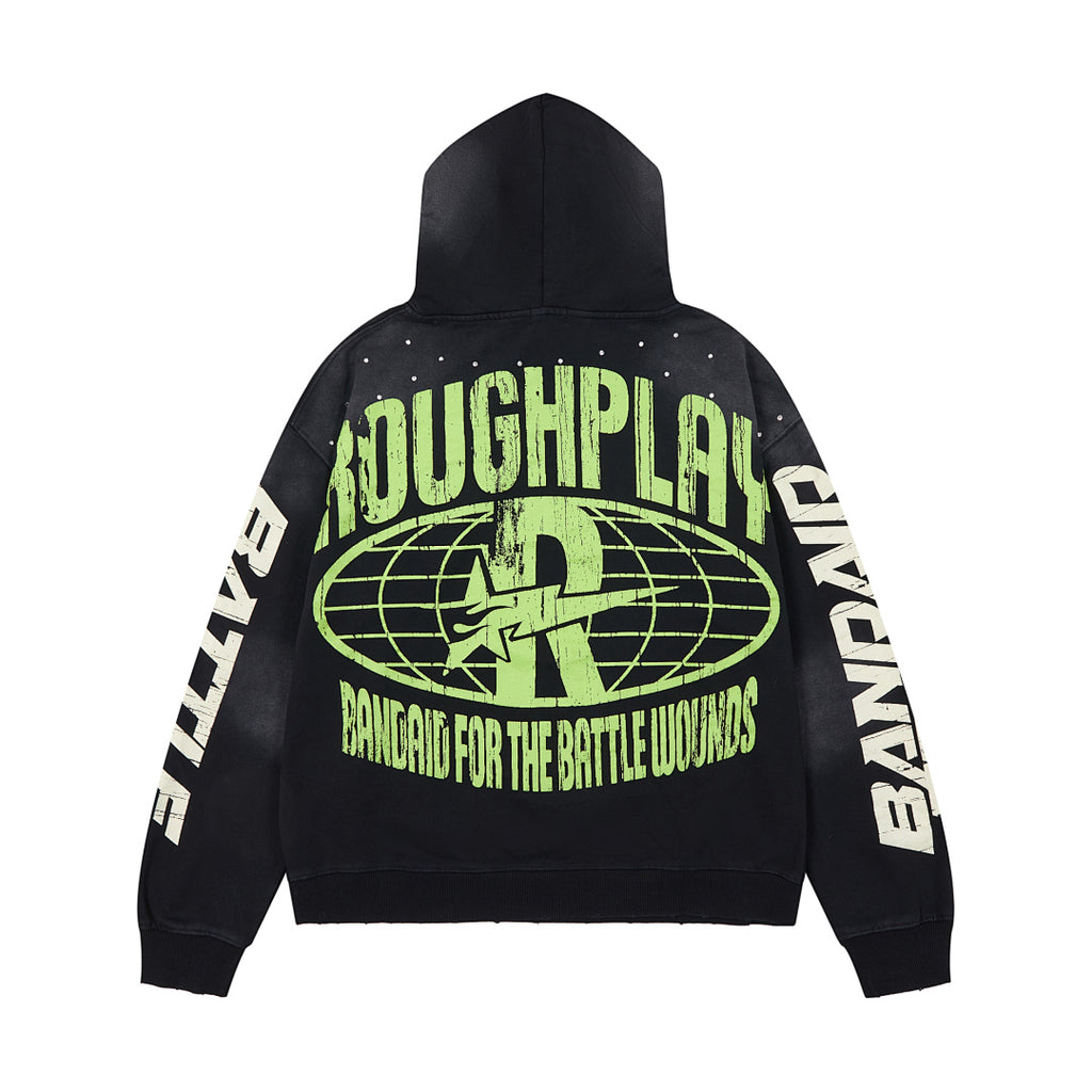 Roughplay Black Neon Green Portrait Graphic Hoodie Men Oversized Streetwear Pullover