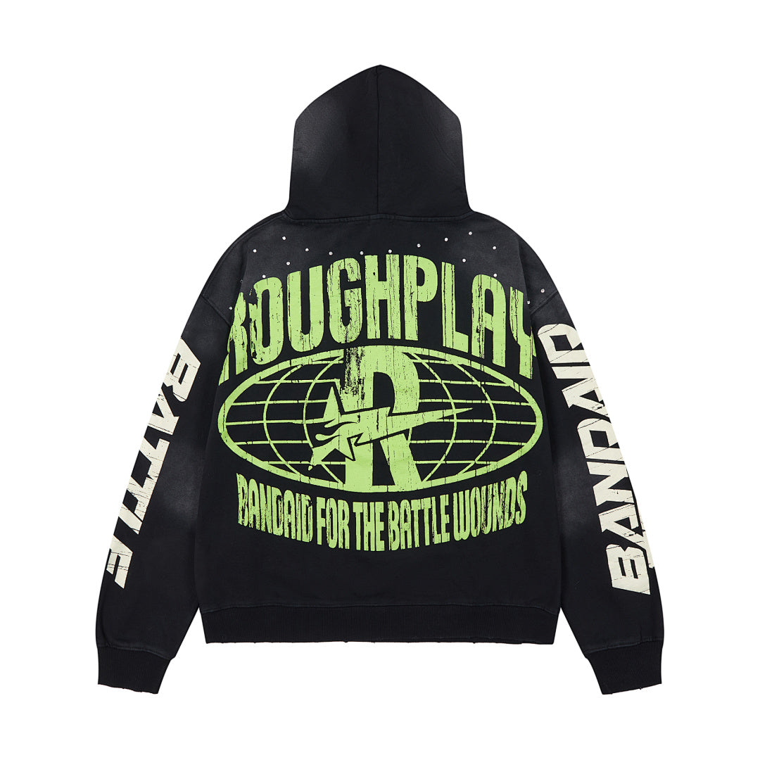 Roughplay Black Neon Green Portrait Graphic Hoodie Men Oversized Streetwear Pullover