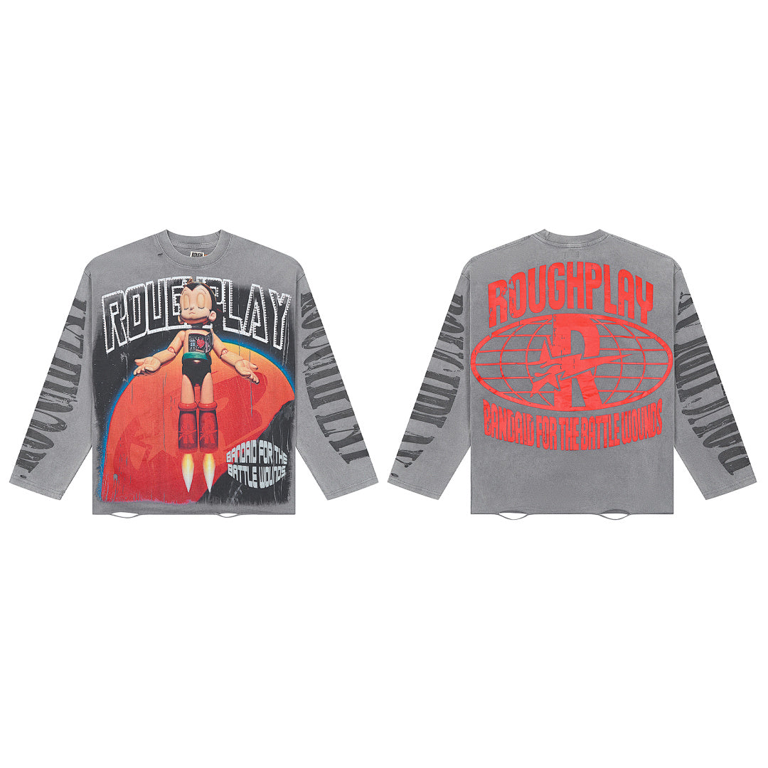 Grey Vintage Superhero Graphic Long Sleeve Tee Roughplay Oversized Streetwear T‑Shirt