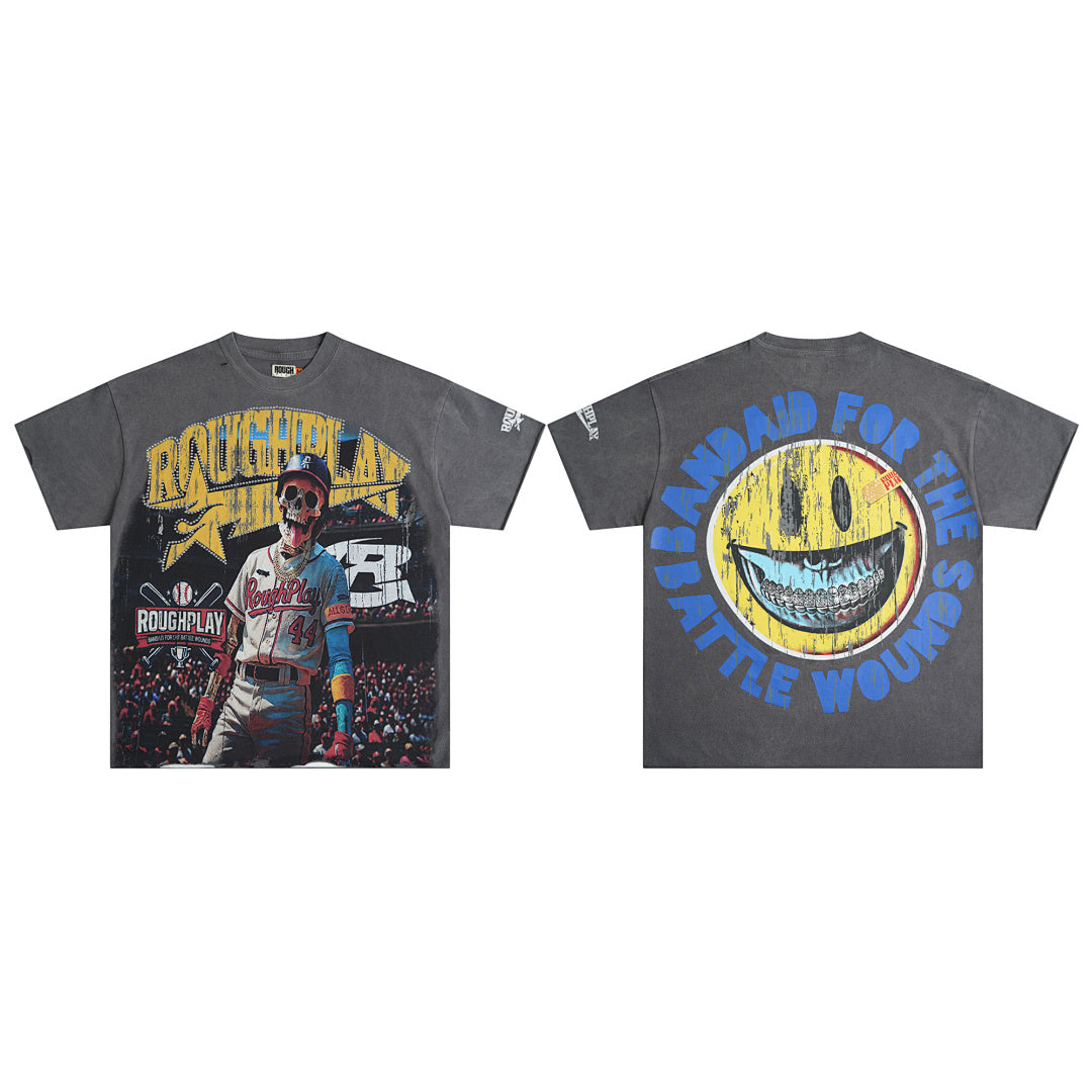 Roughplay Vintage Racer Smiley Graphic Short Sleeve Tee Men Oversized Streetwear T‑Shirt