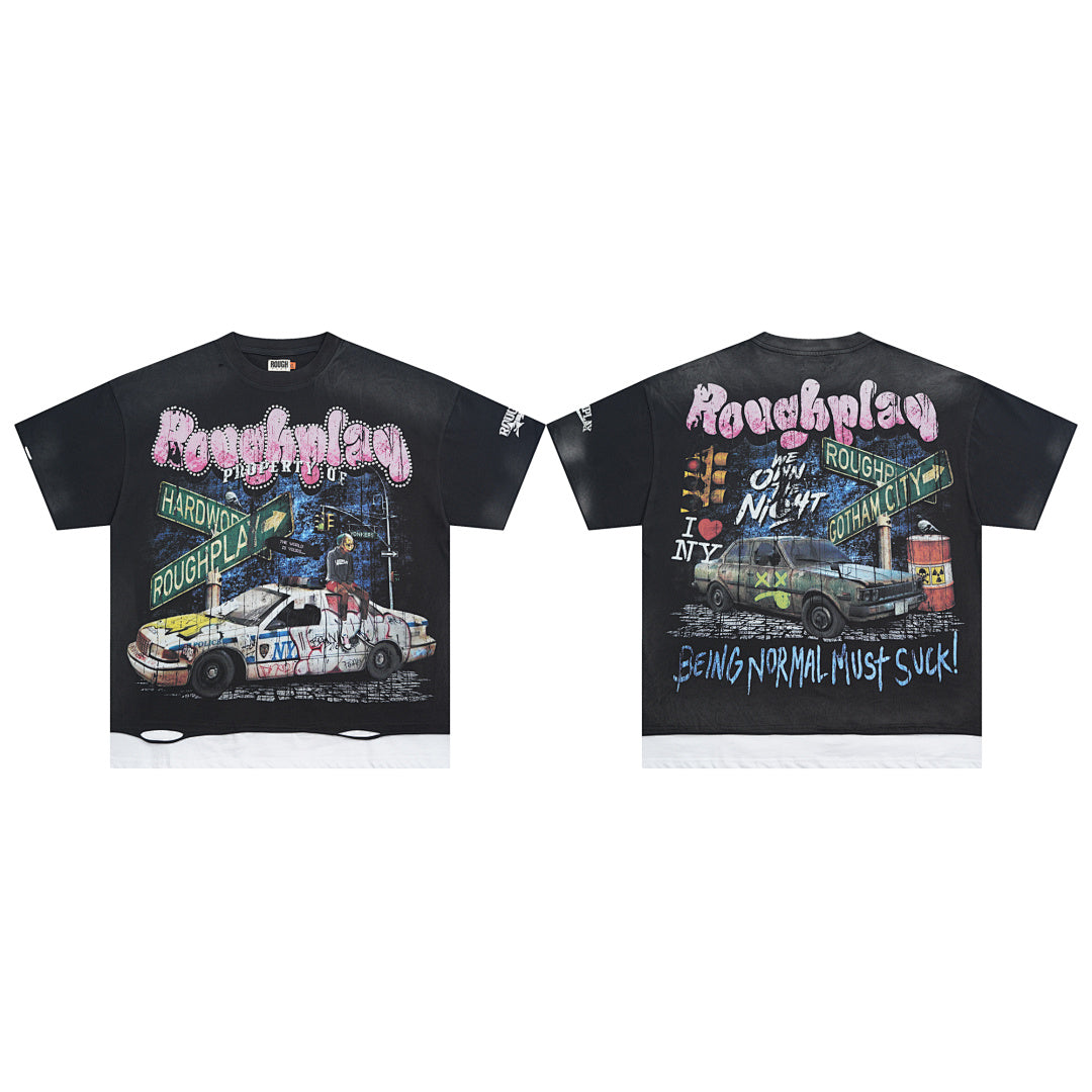 Vintage Washed Black Night Street Racing Car Graphic Oversized T‑Shirt