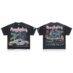 Vintage Washed Black Night Street Racing Car Graphic Oversized T‑Shirt