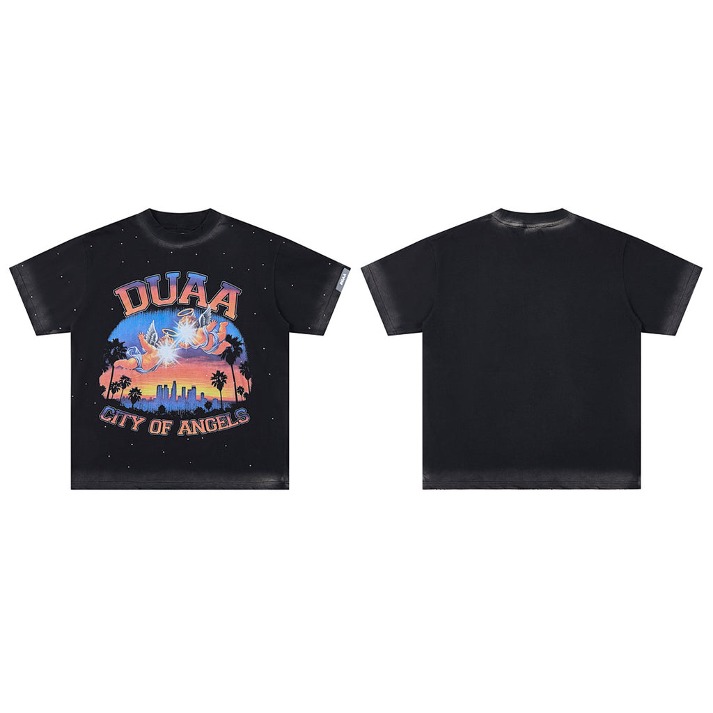 Black Vintage City Of Angels Sunset DUAA Graphic Oversized T‑Shirt