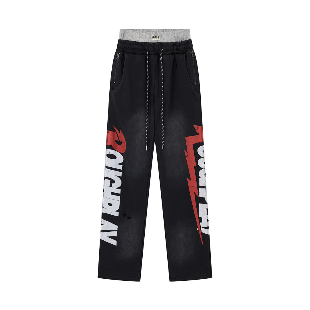Roughplay Vintage Washed Letter Print Wide Leg Sweatpants Men Streetwear Loose Trousers