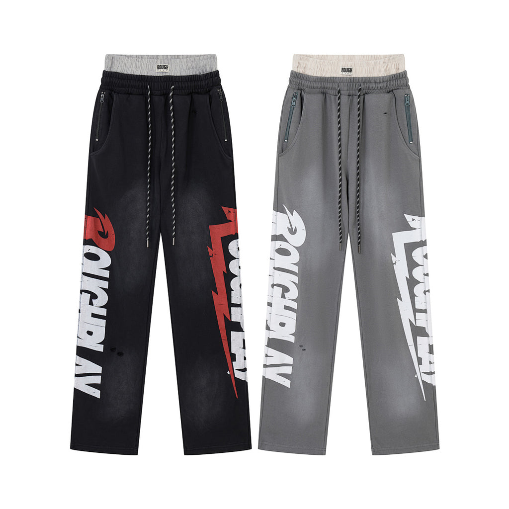 Roughplay Vintage Washed Letter Print Wide Leg Sweatpants Men Streetwear Loose Trousers