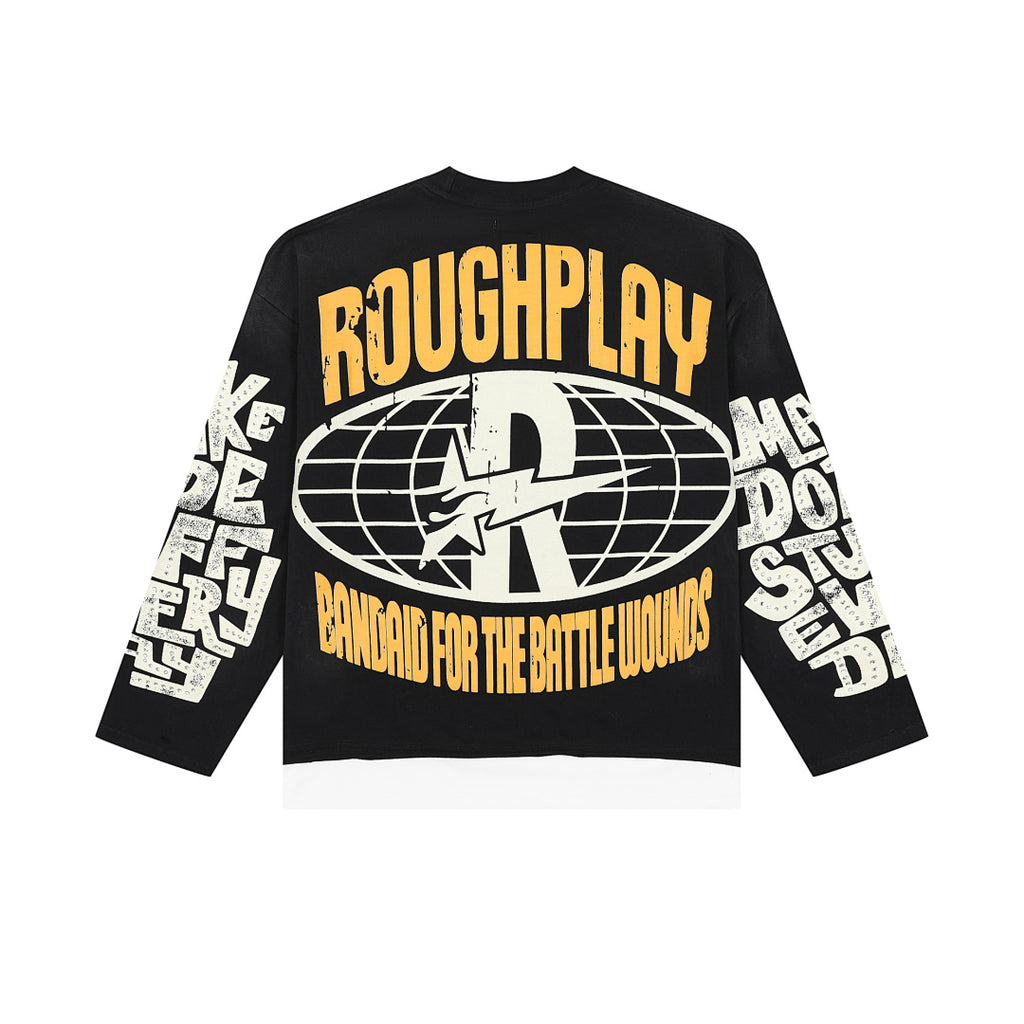 Roughplay Retro Rock Art Graphic Long Sleeve Tee Men Oversized Streetwear Top
