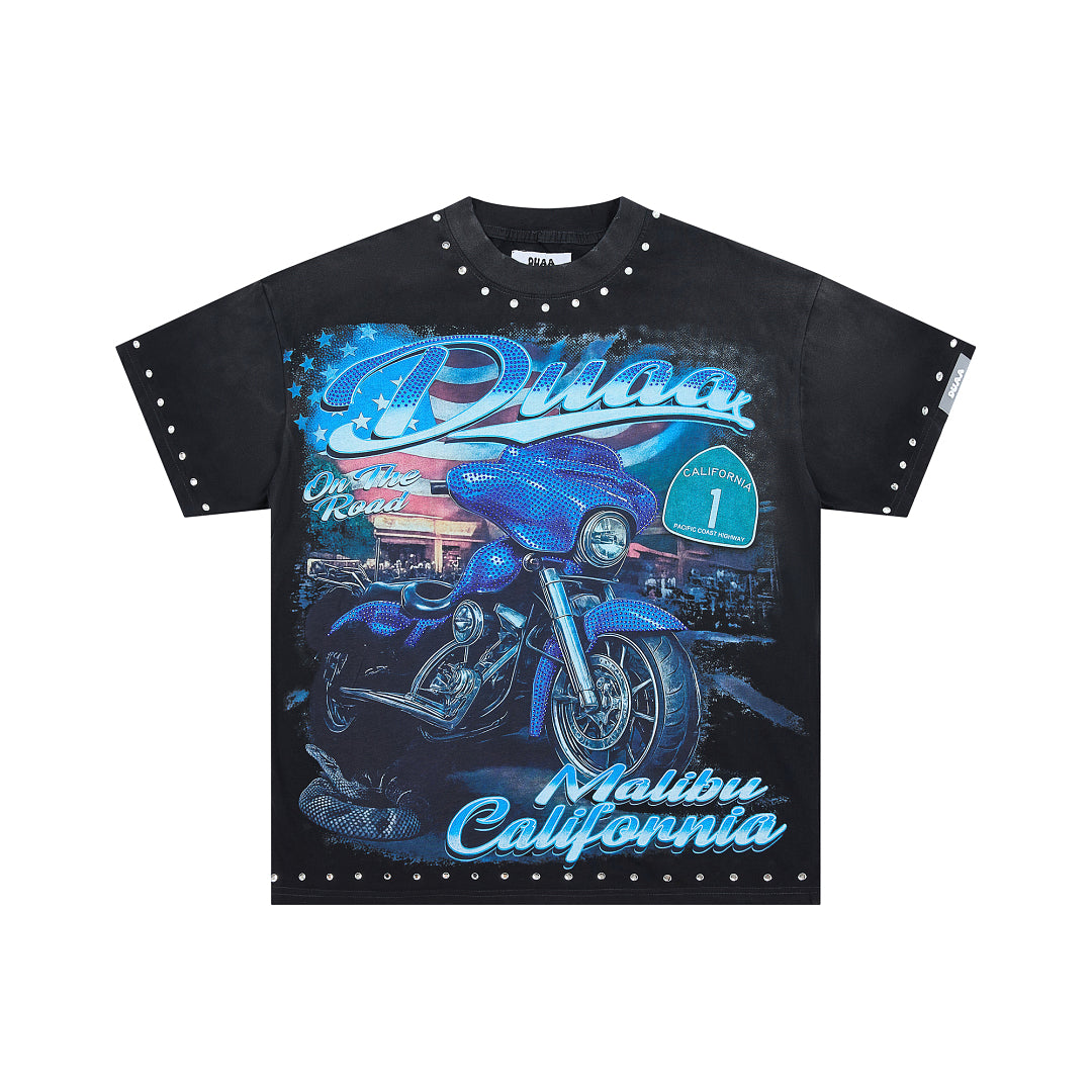 Black Vintage Malibu California Motorcycle Graphic Oversized T‑Shirt
