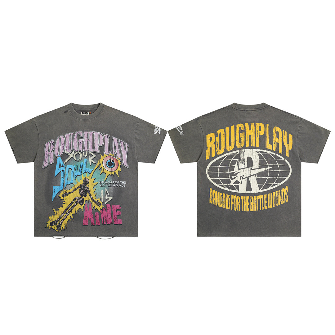 Vintage Washed Grey Skeleton Globe Graphic Oversized T‑Shirt