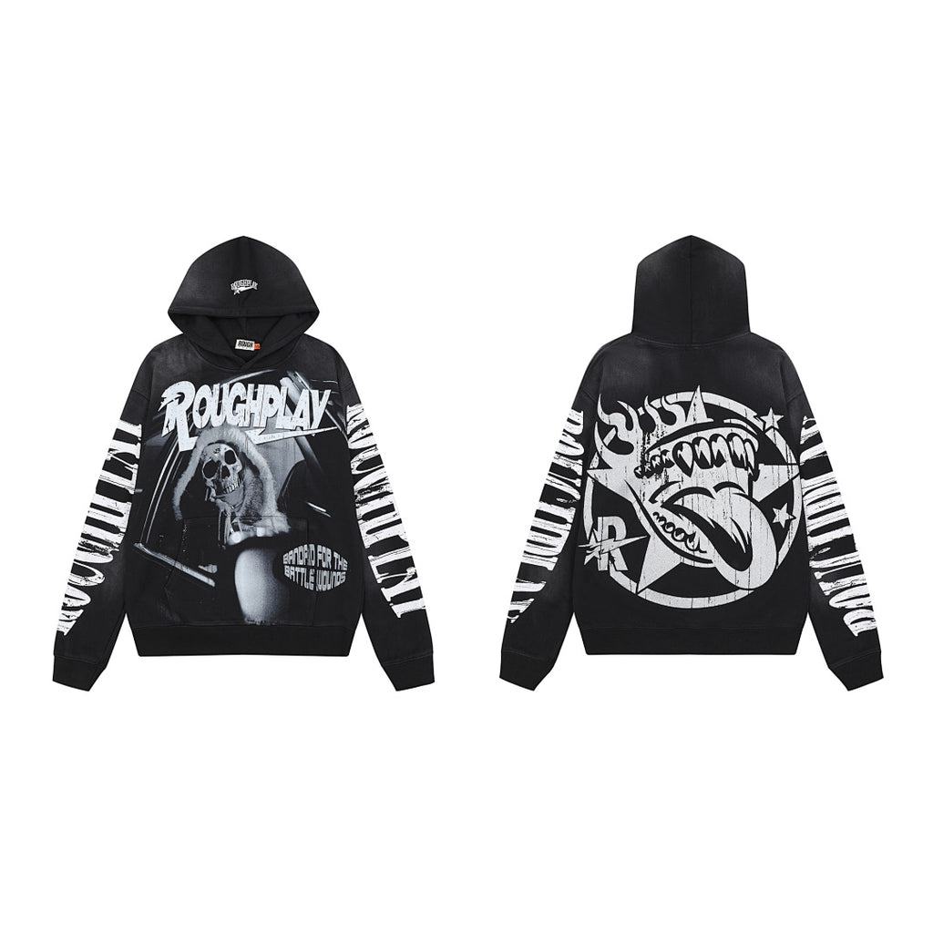 Roughplay Black Skull Tongue Graphic Hoodie Men Oversized Streetwear Pullover