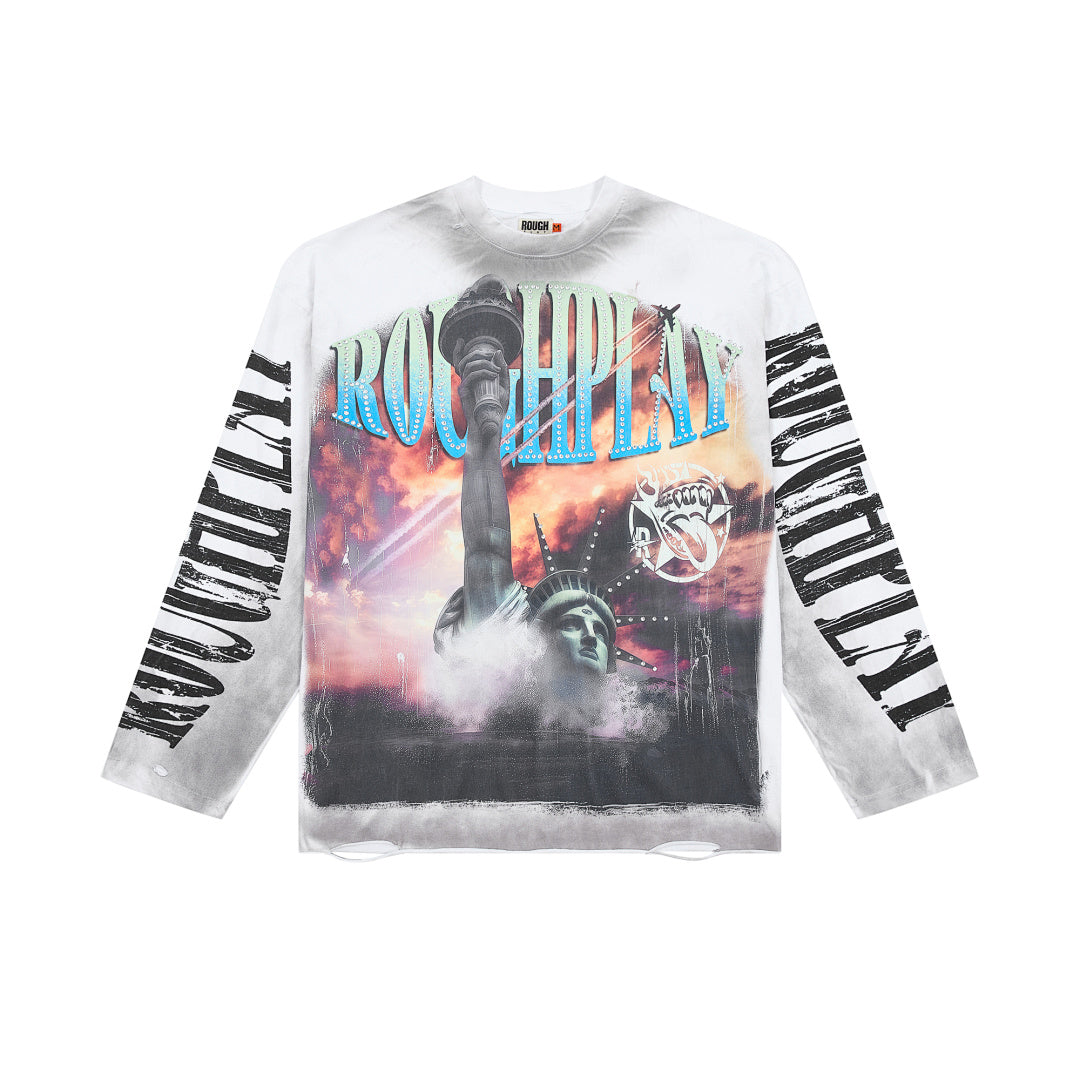 Washed White Statue Of Liberty Graphic Long Sleeve Tee Roughplay Oversized Streetwear T‑Shirt
