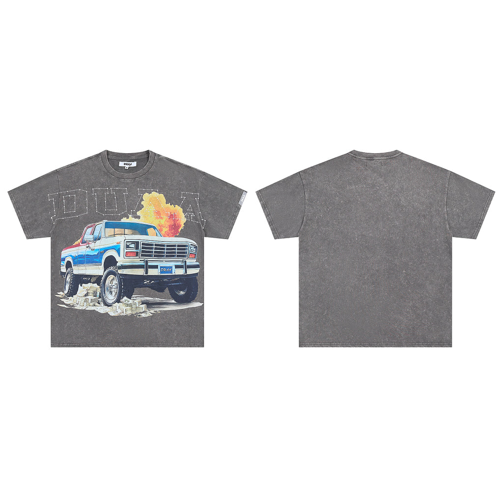 Washed Dark Grey Vintage Off‑Road Truck Graphic Oversized T‑Shirt