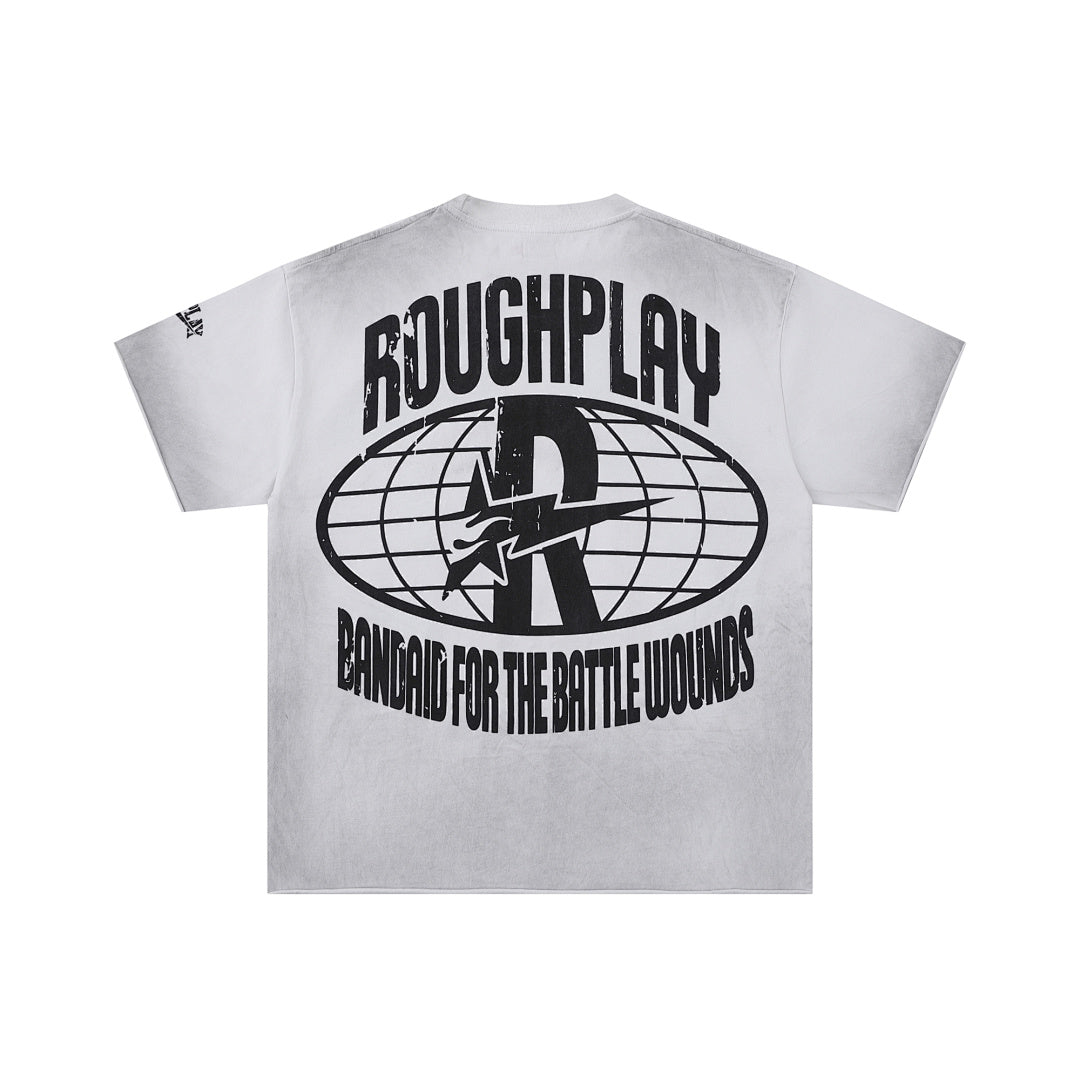 Roughplay Vintage Washed Portrait Graphic Short Sleeve Tee Men Oversized Streetwear T‑Shirt
