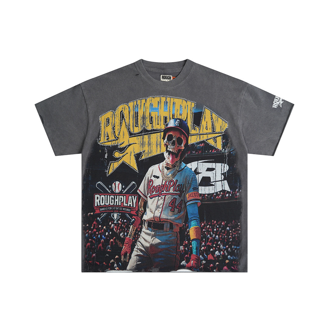 Roughplay Vintage Racer Smiley Graphic Short Sleeve Tee Men Oversized Streetwear T‑Shirt