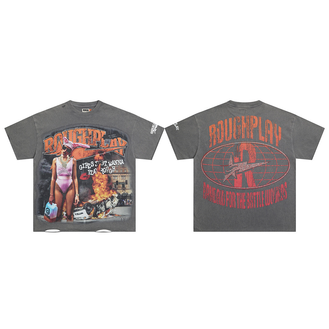 Vintage Washed Grey Retro Poster Globe Graphic Oversized T‑Shirt