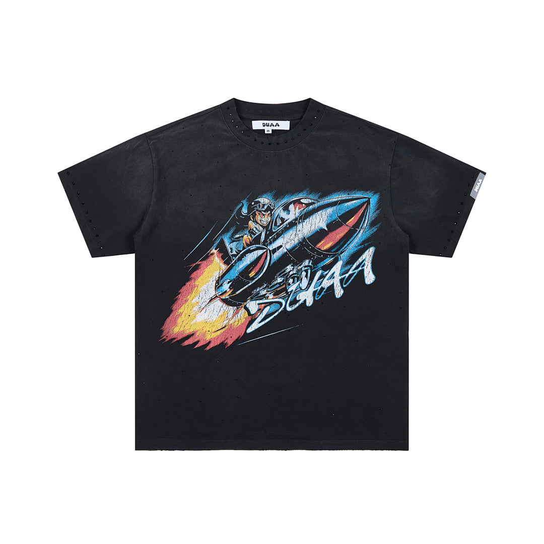 Black Vintage Racing Car DUAA Flame Graphic Oversized T‑Shirt