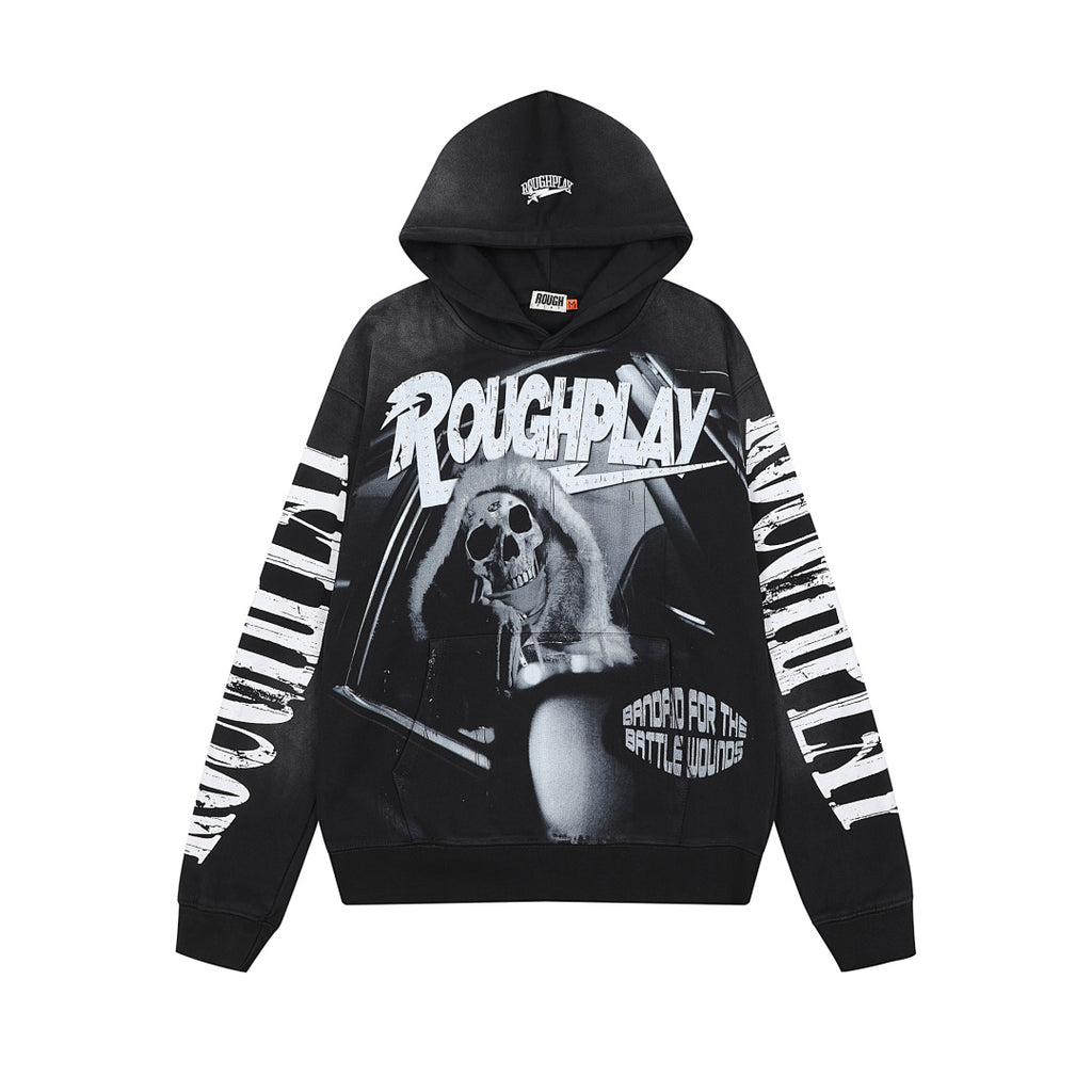 Roughplay Black Skull Tongue Graphic Hoodie Men Oversized Streetwear Pullover