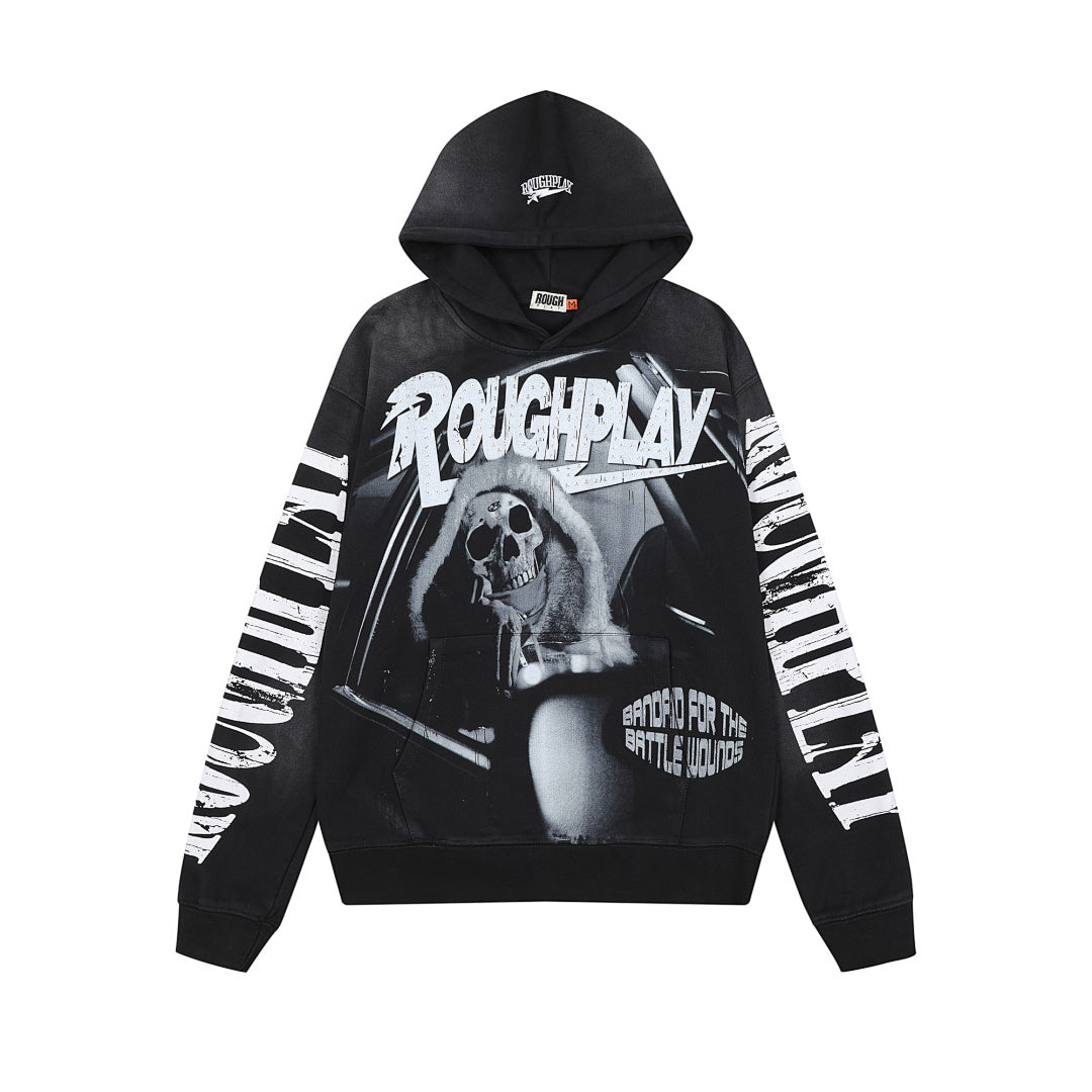 Roughplay Black Skull Tongue Graphic Hoodie Men Oversized Streetwear Pullover