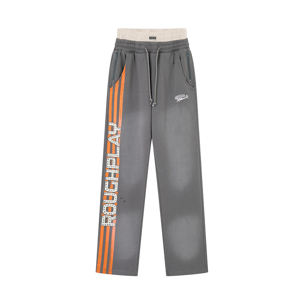 Roughplay Vintage Washed Orange Letter Print Wide Leg Sweatpants Men Streetwear Loose Trousers