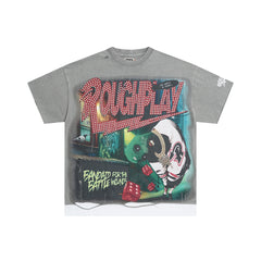 Vintage Washed Grey Clown Rhinestone Graphic Oversized T‑Shirt