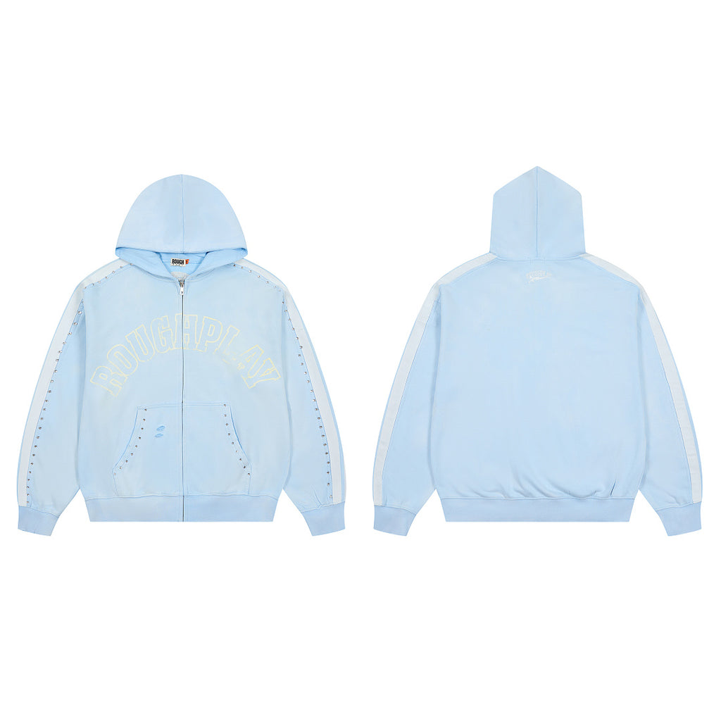 Light Blue Washed Side Stripe Gothic Letter DUAA Zip‑Up Hoodie