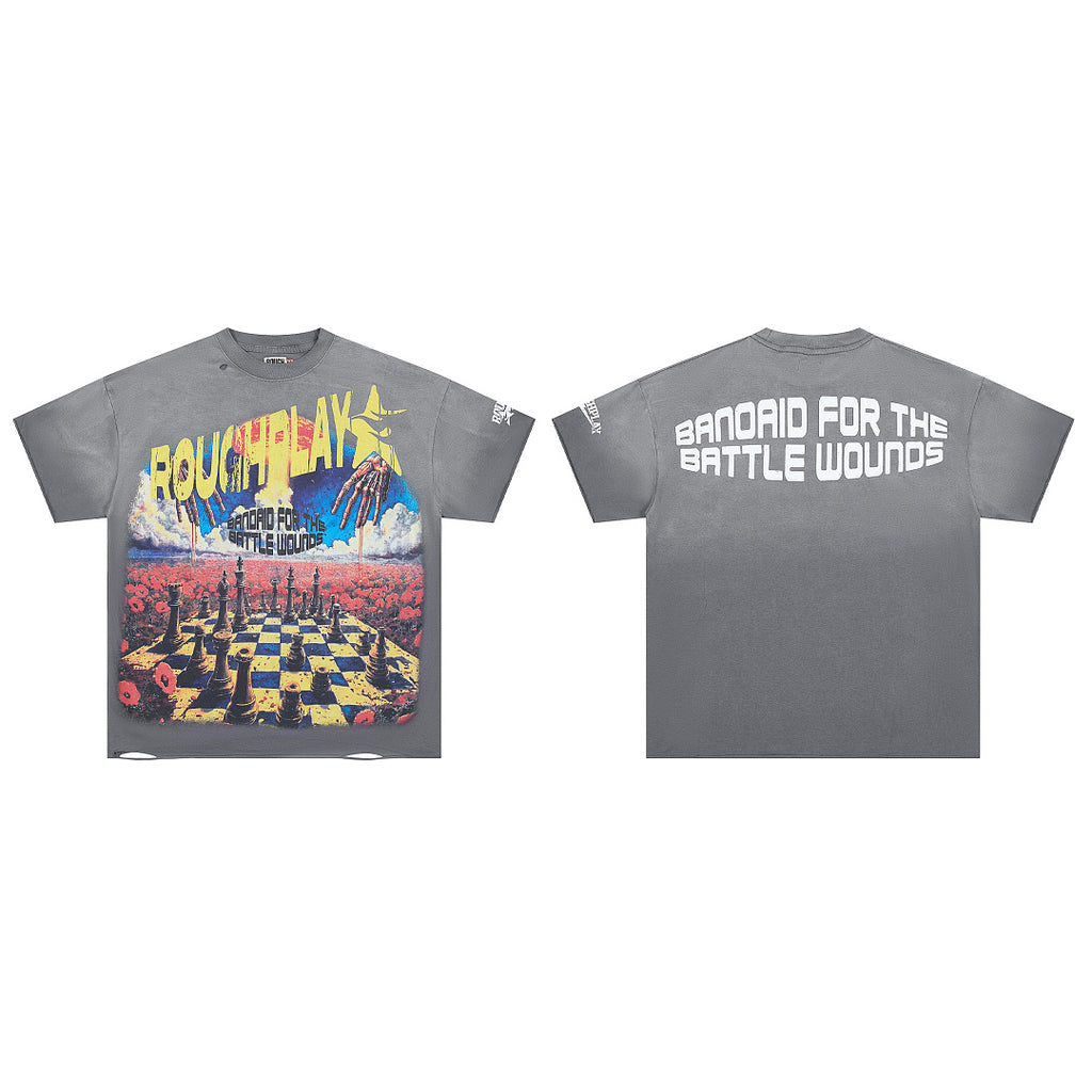 Washed Grey Chessboard World Map Graphic Oversized Tee Streetwear Short Sleeve T‑Shirt