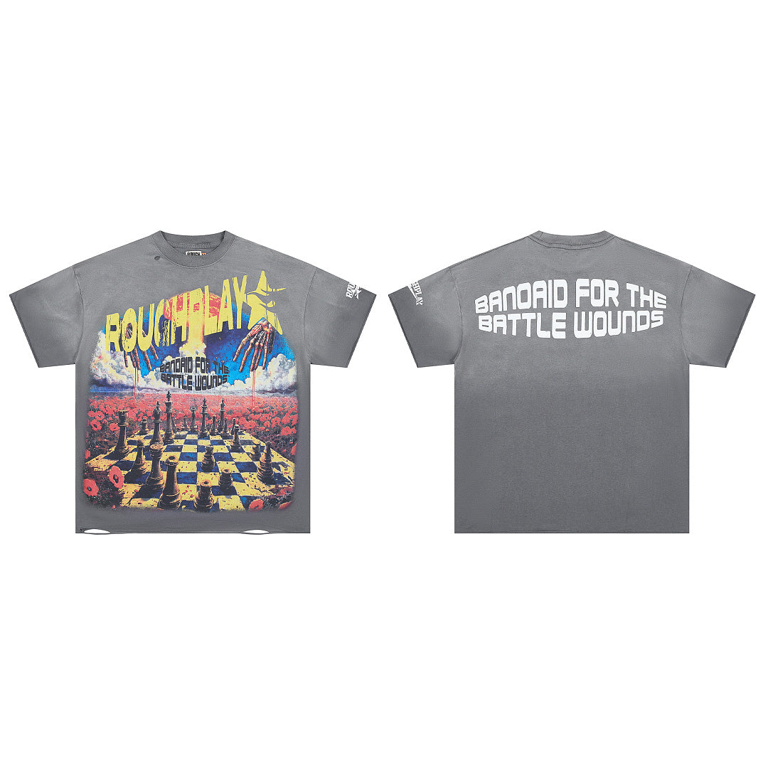 Washed Grey Chessboard World Map Graphic Oversized Tee Streetwear Short Sleeve T‑Shirt