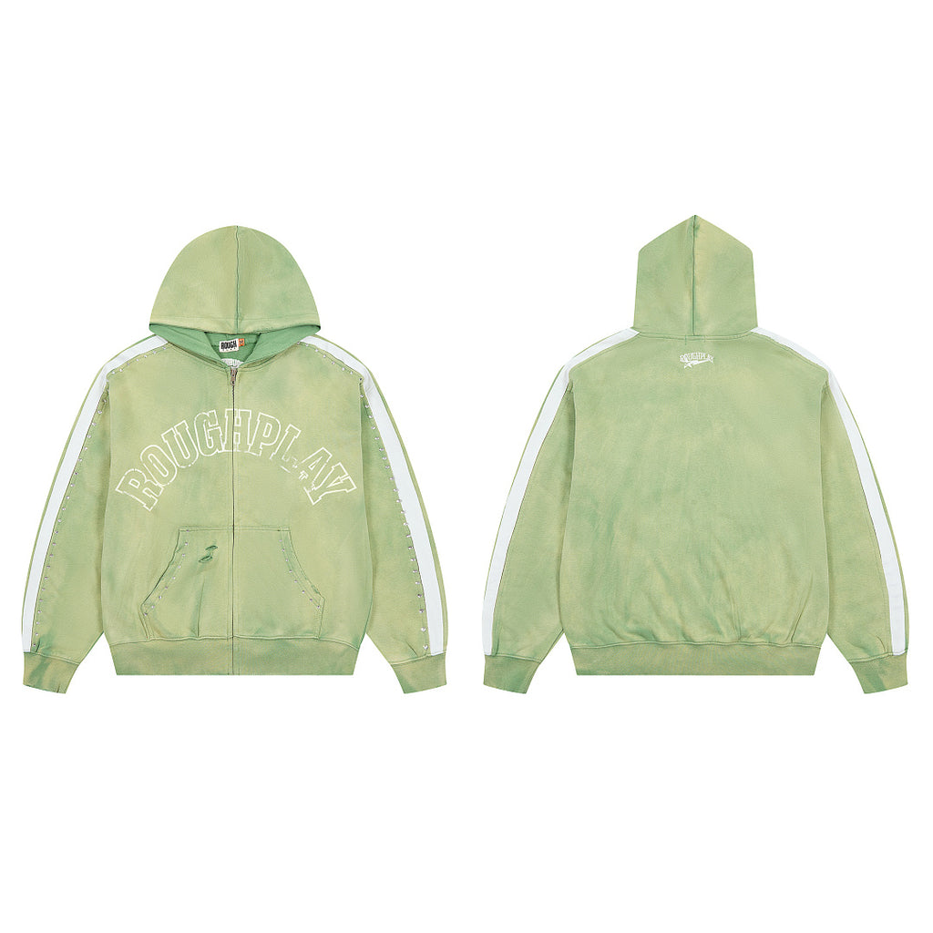 Green Washed Side Stripe Gothic Letter DUAA Zip‑Up Hoodie