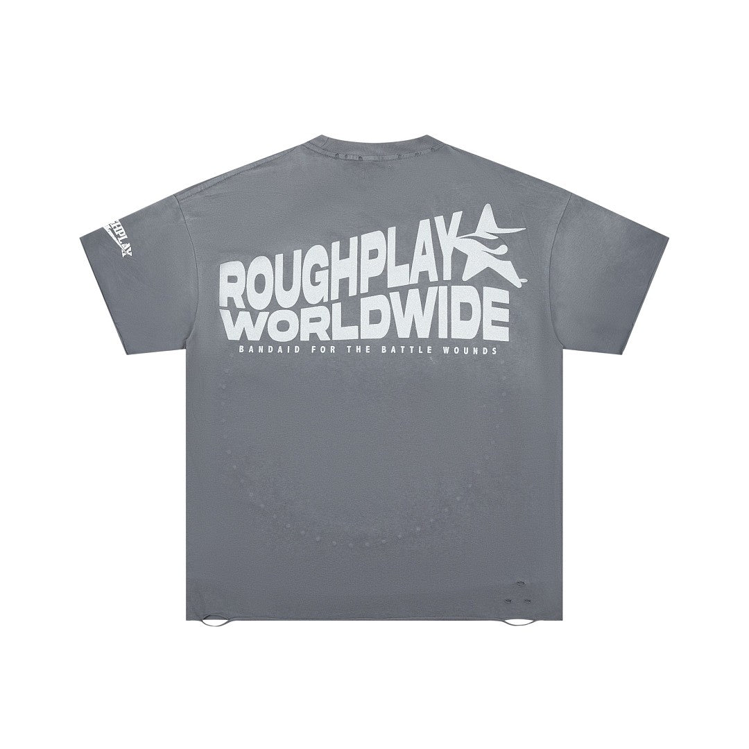 Oversized Washed Grey Graphic Tee Roughplay Worldwide Streetwear Short Sleeve T‑Shirt