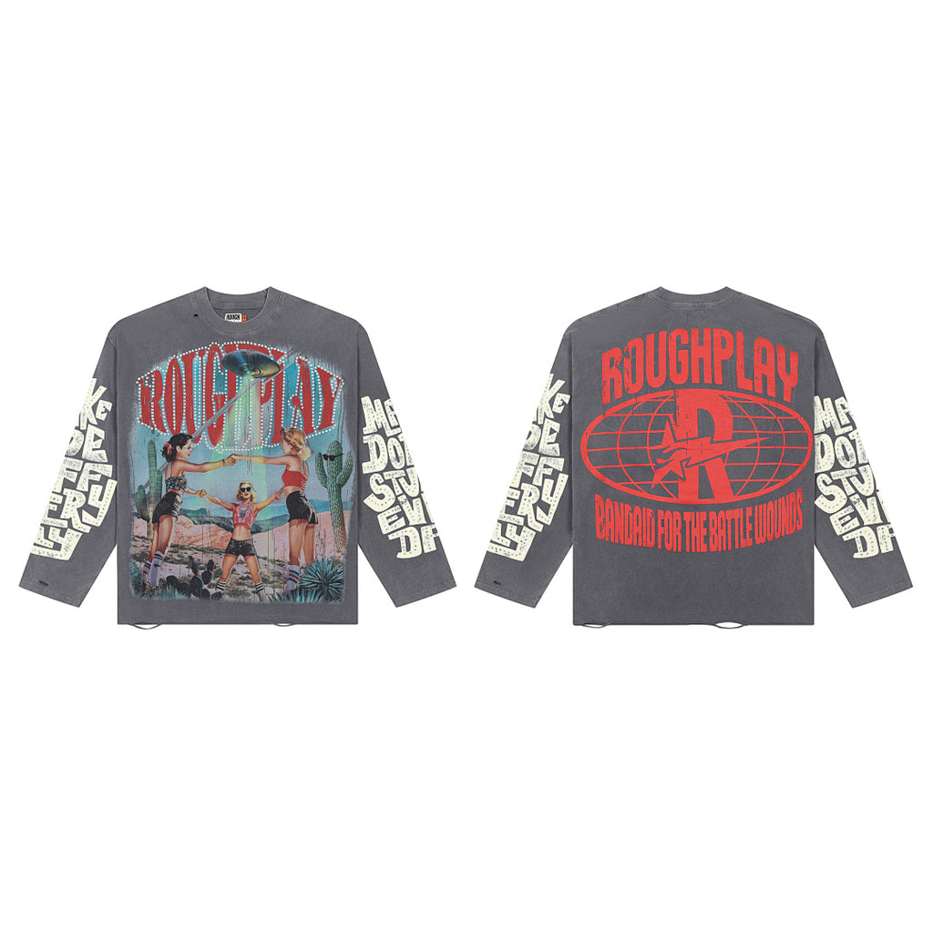 Roughplay Vintage Retro Poster Graphic Long Sleeve Tee Men Oversized Streetwear Top
