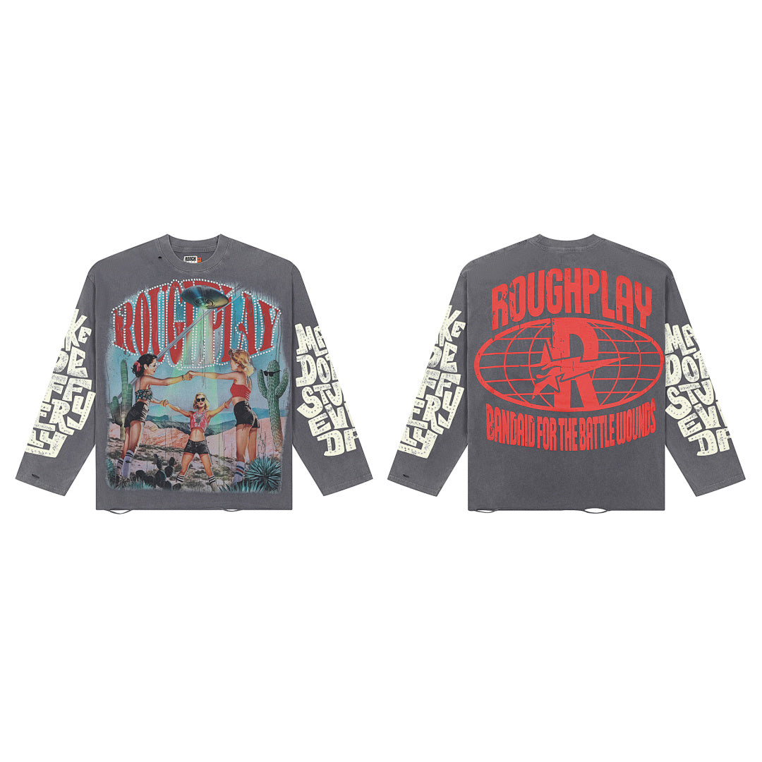 Roughplay Vintage Retro Poster Graphic Long Sleeve Tee Men Oversized Streetwear Top