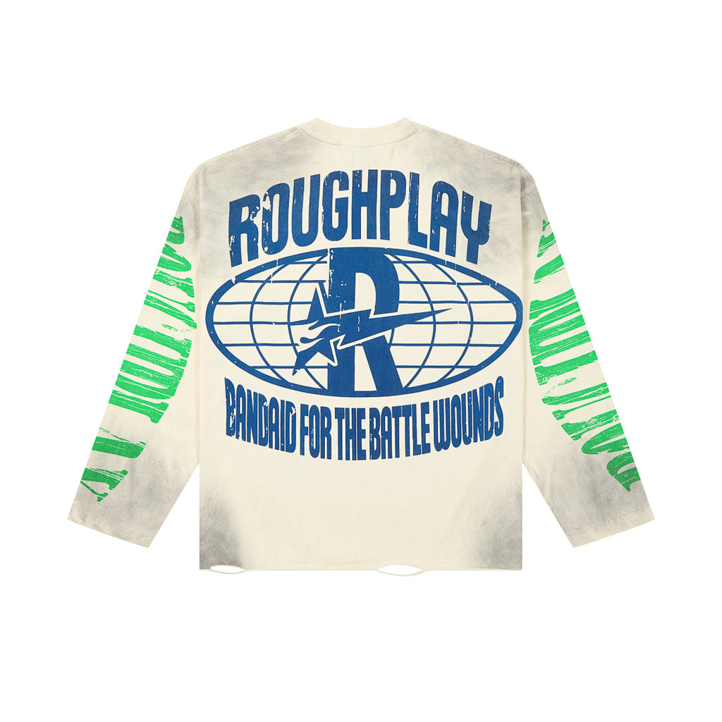 Roughplay Vintage Wash Flame Graphic Long Sleeve Tee Men Oversized Streetwear Top