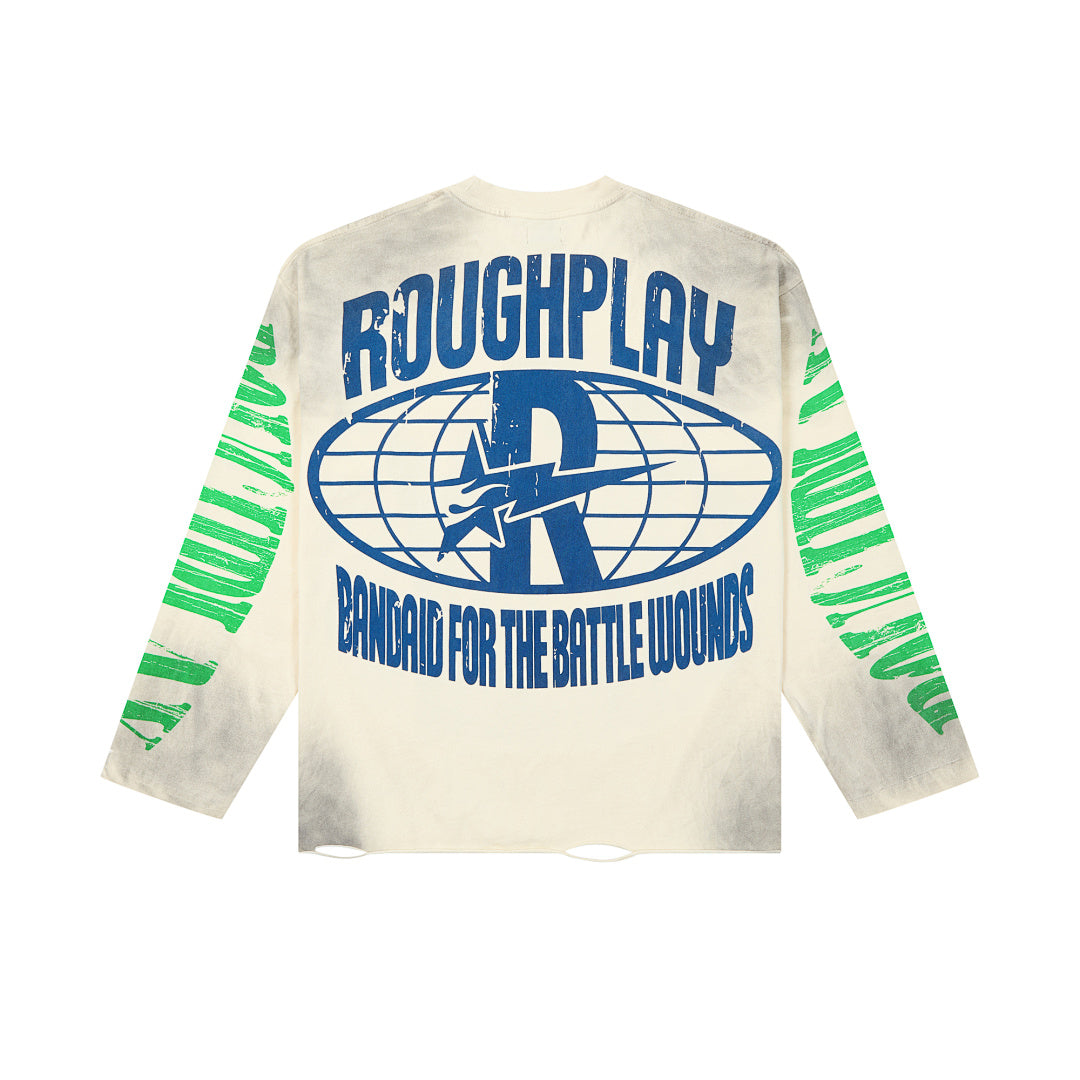 Roughplay Vintage Wash Flame Graphic Long Sleeve Tee Men Oversized Streetwear Top