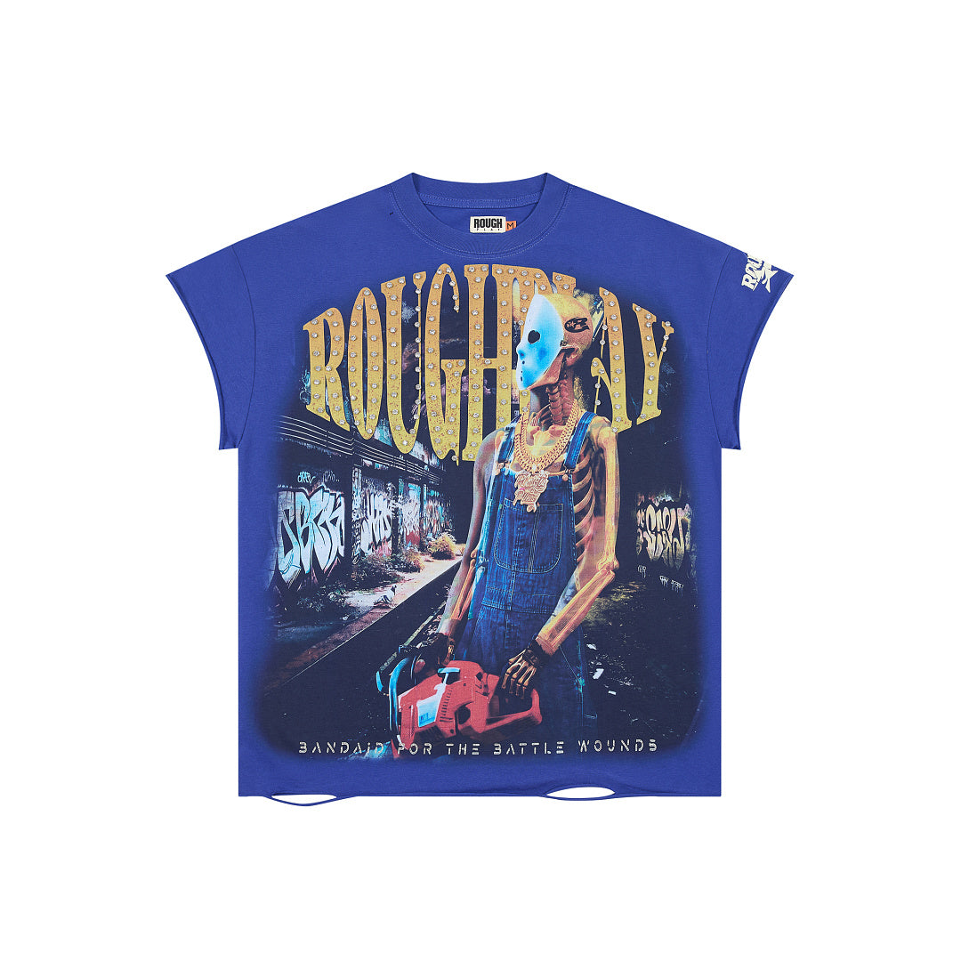 Vintage Blue Oversized Portrait Graphic Tee Roughplay Worldwide Streetwear T‑Shirt