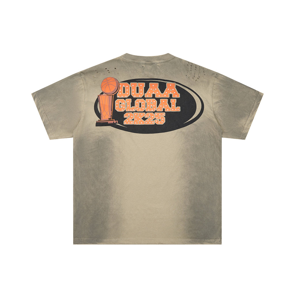 Olive Washed Cartoon Basketball DUAA Double‑Sided Graphic Oversized T‑Shirt