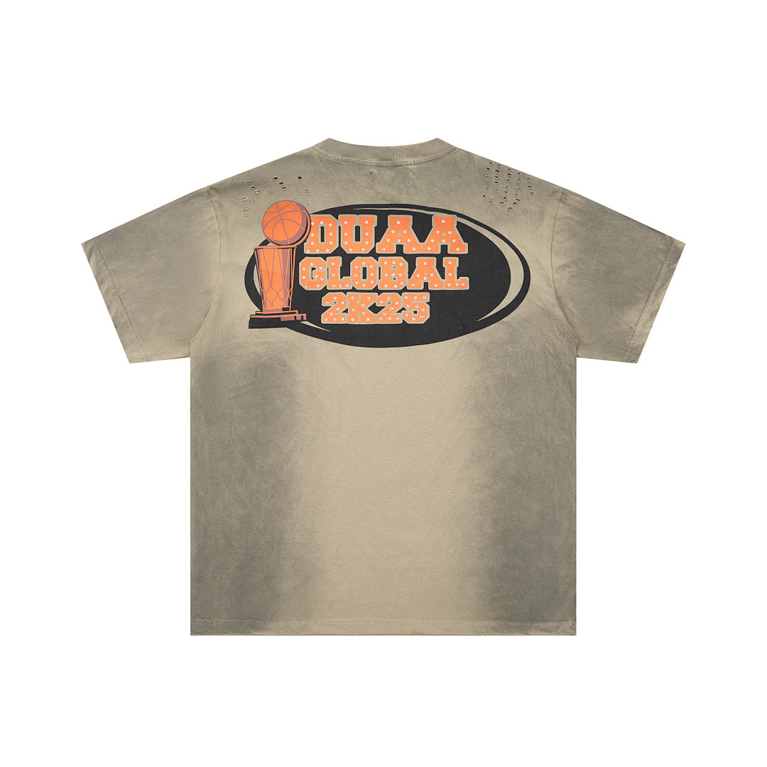 Olive Washed Cartoon Basketball DUAA Double‑Sided Graphic Oversized T‑Shirt