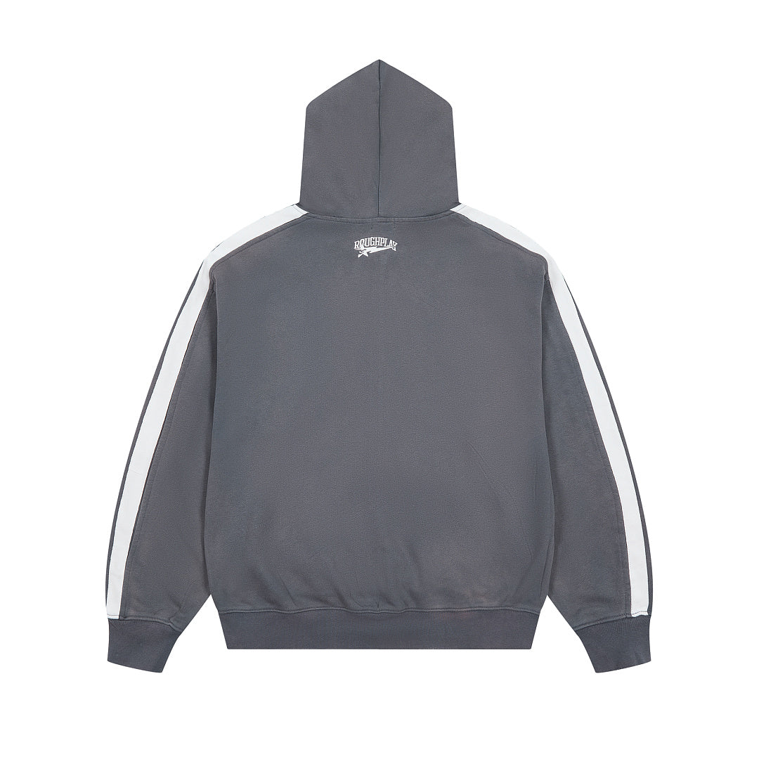 Dark Grey Washed Side Stripe Gothic Letter DUAA Zip‑Up Hoodie