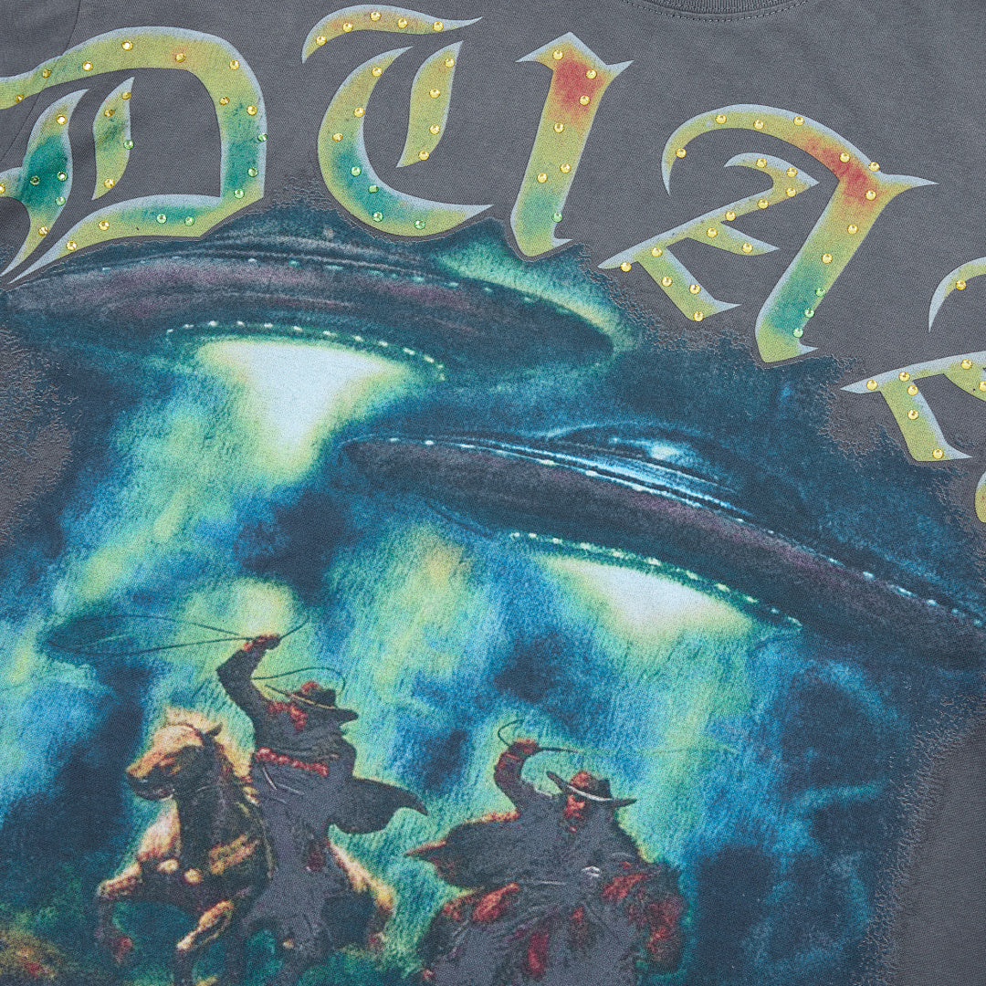 Washed Black Vintage Fantasy Dragon Graphic Oversized T‑Shirt