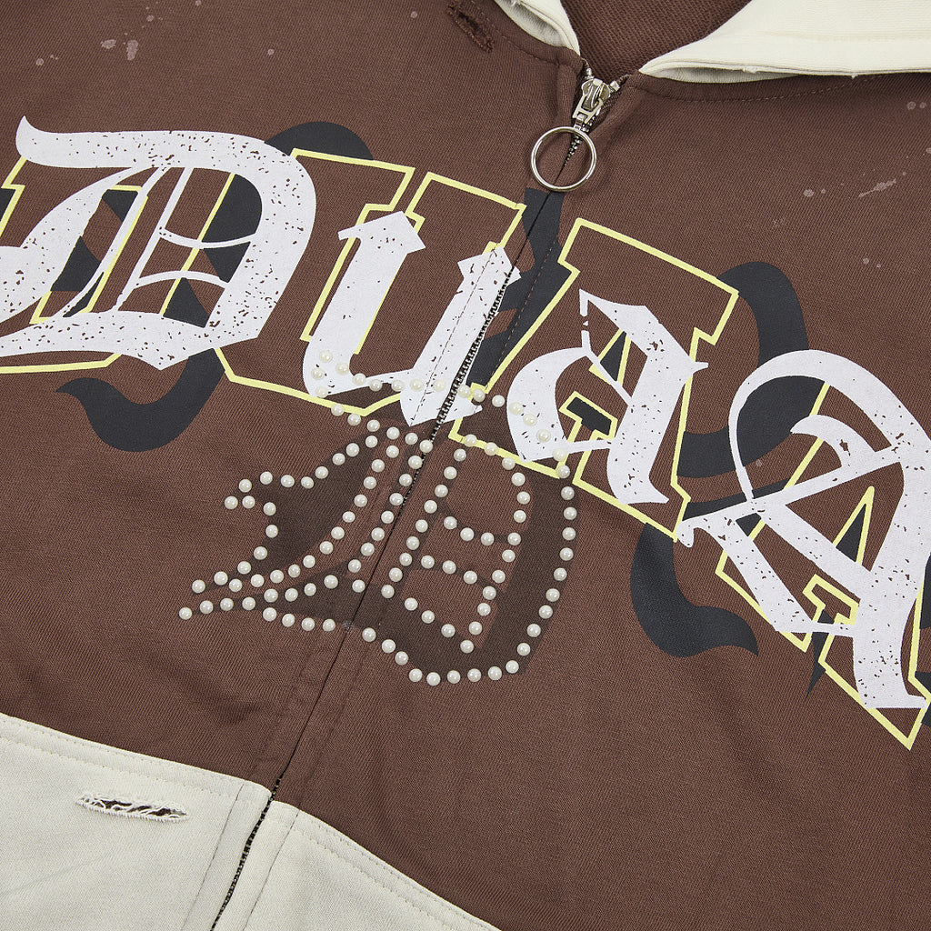 Brown‑Beige Color Block Gothic Letter Oversized Zip‑Up Hoodie