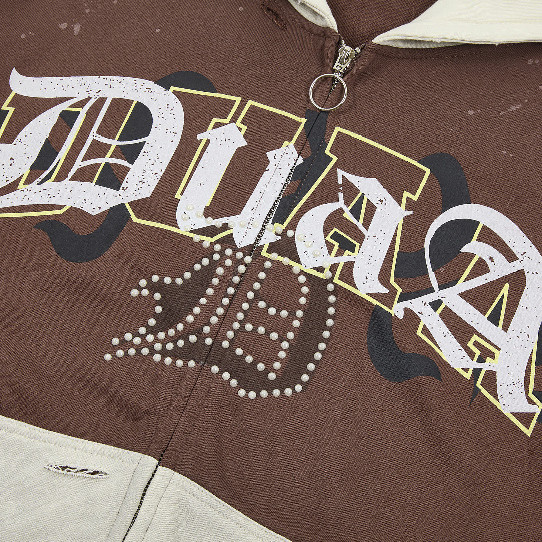 Brown‑Beige Color Block Gothic Letter Oversized Zip‑Up Hoodie