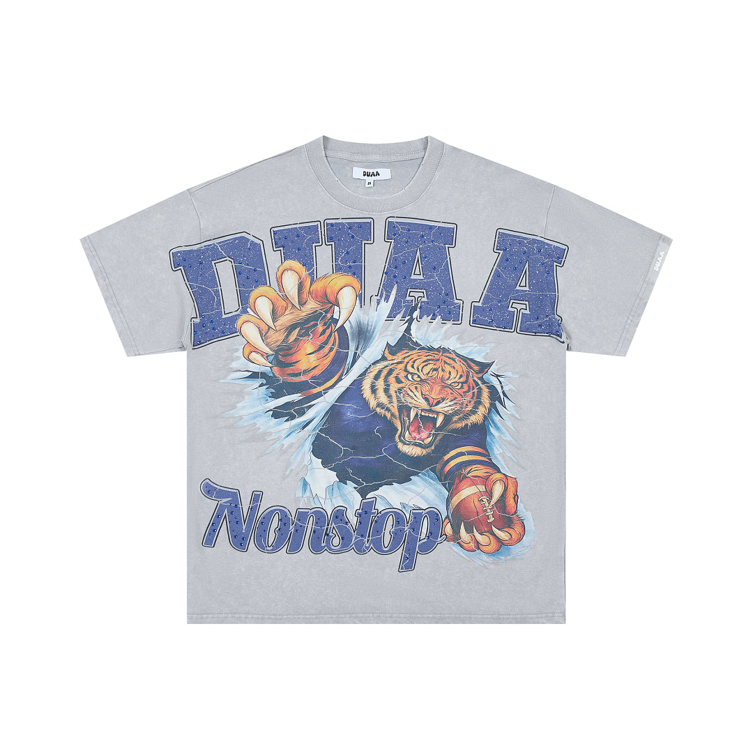 Light Grey Vintage Roaring Tiger Graphic Oversized T‑Shirt