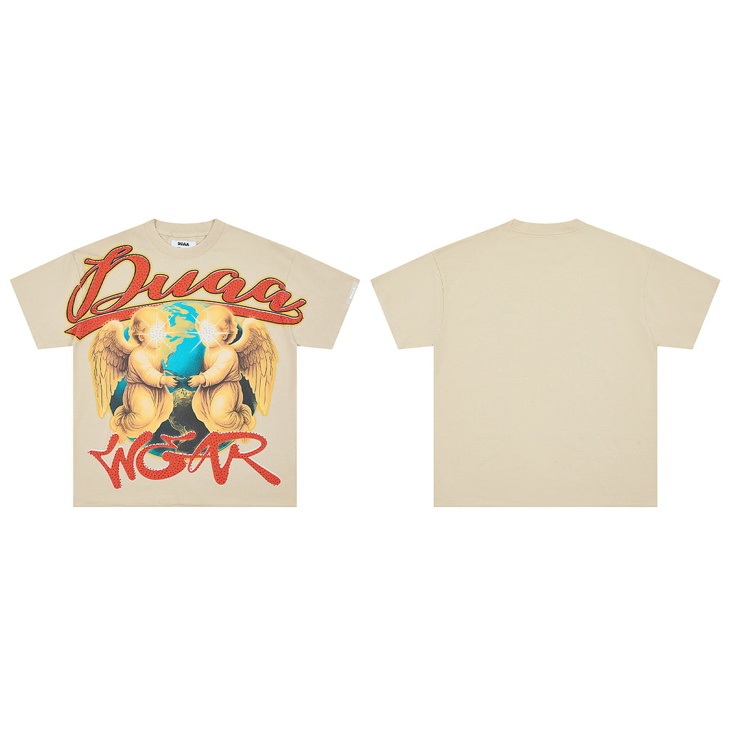 Beige Vintage Angel Globe Graphic Oversized T‑Shirt