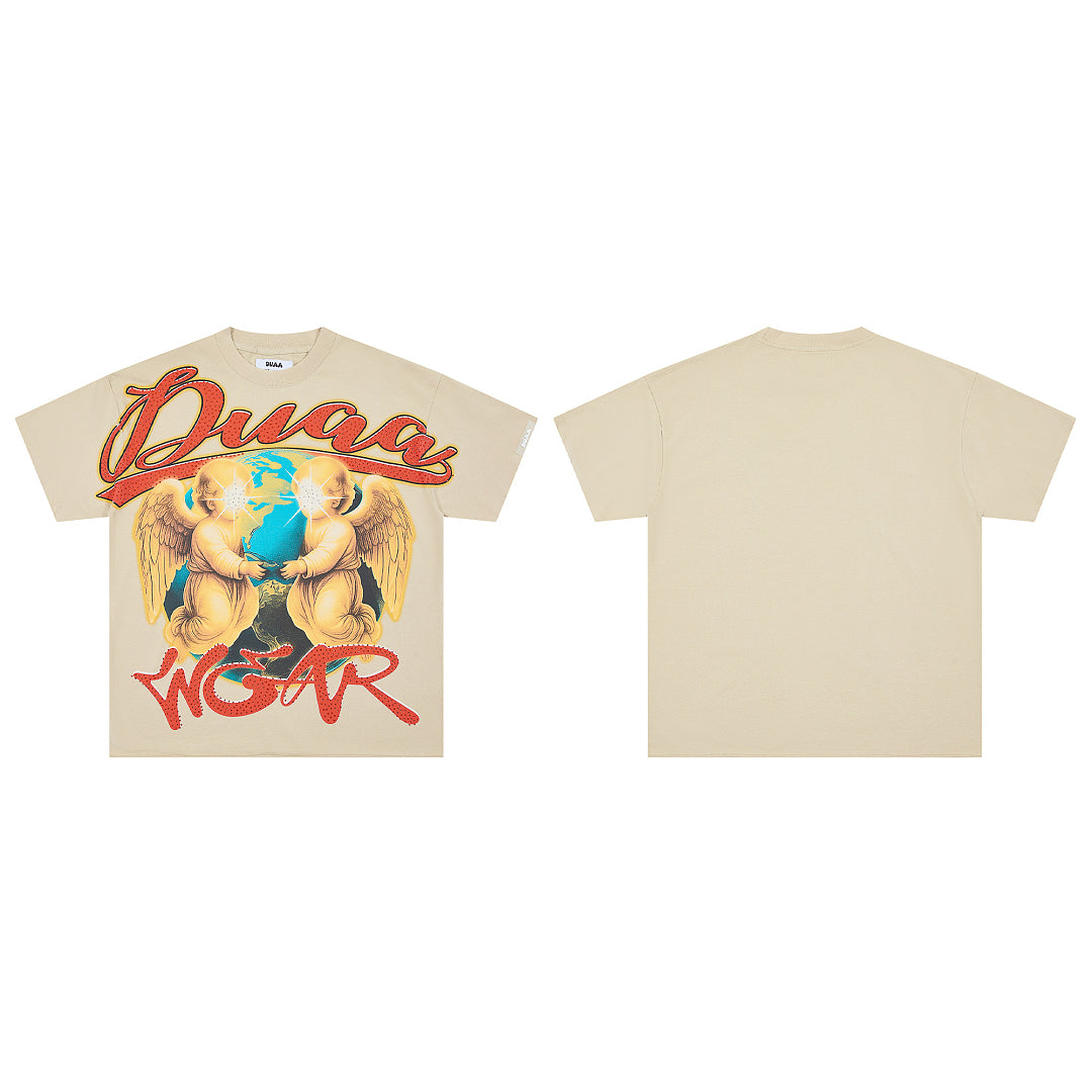 Beige Vintage Angel Globe Graphic Oversized T‑Shirt