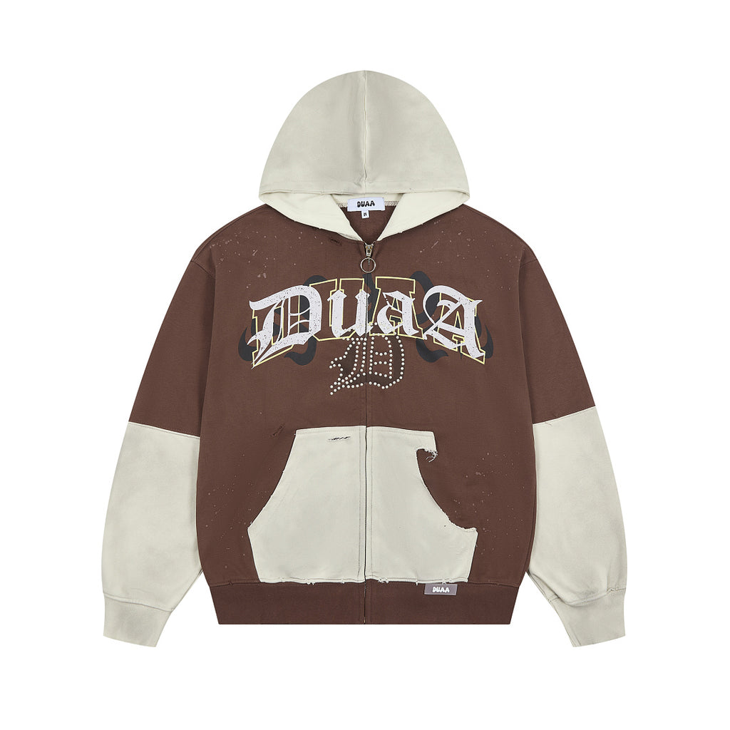 Brown‑Beige Color Block Gothic Letter Oversized Zip‑Up Hoodie