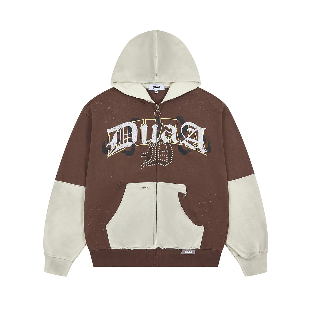 Brown‑Beige Color Block Gothic Letter Oversized Zip‑Up Hoodie
