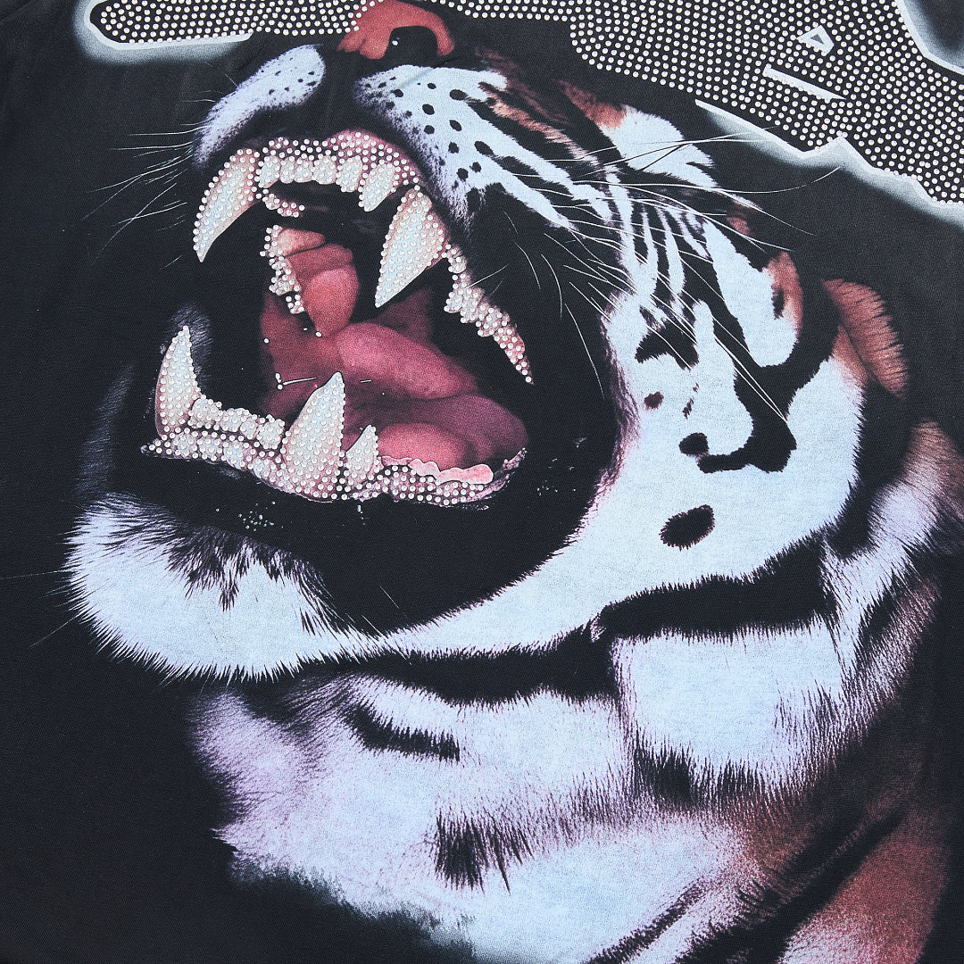 Black Vintage Roaring Tiger Graphic Oversized T‑Shirt