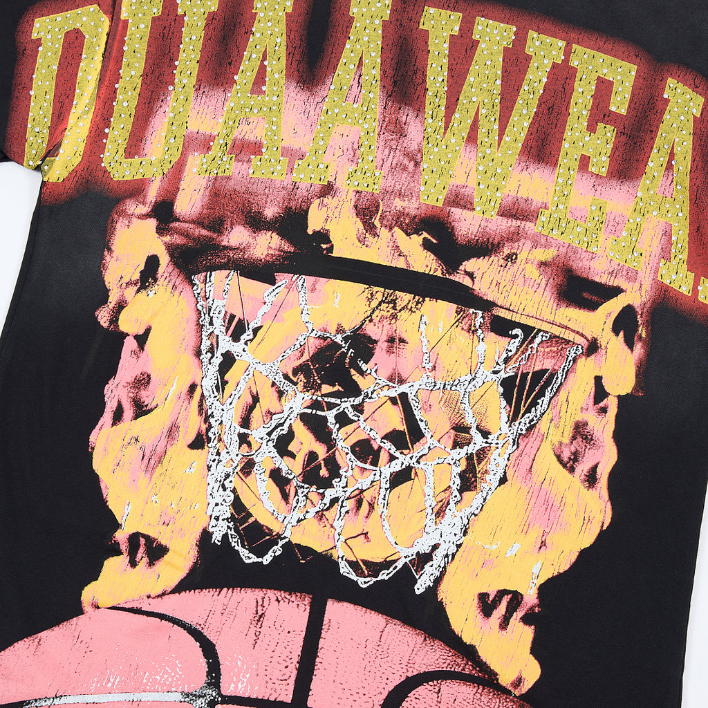 Black Vintage Basketball Hoop Graphic Oversized T‑Shirt