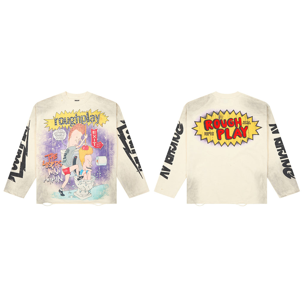 Roughplay Vintage Comic Graphic Long Sleeve Tee Men Oversized Streetwear Top