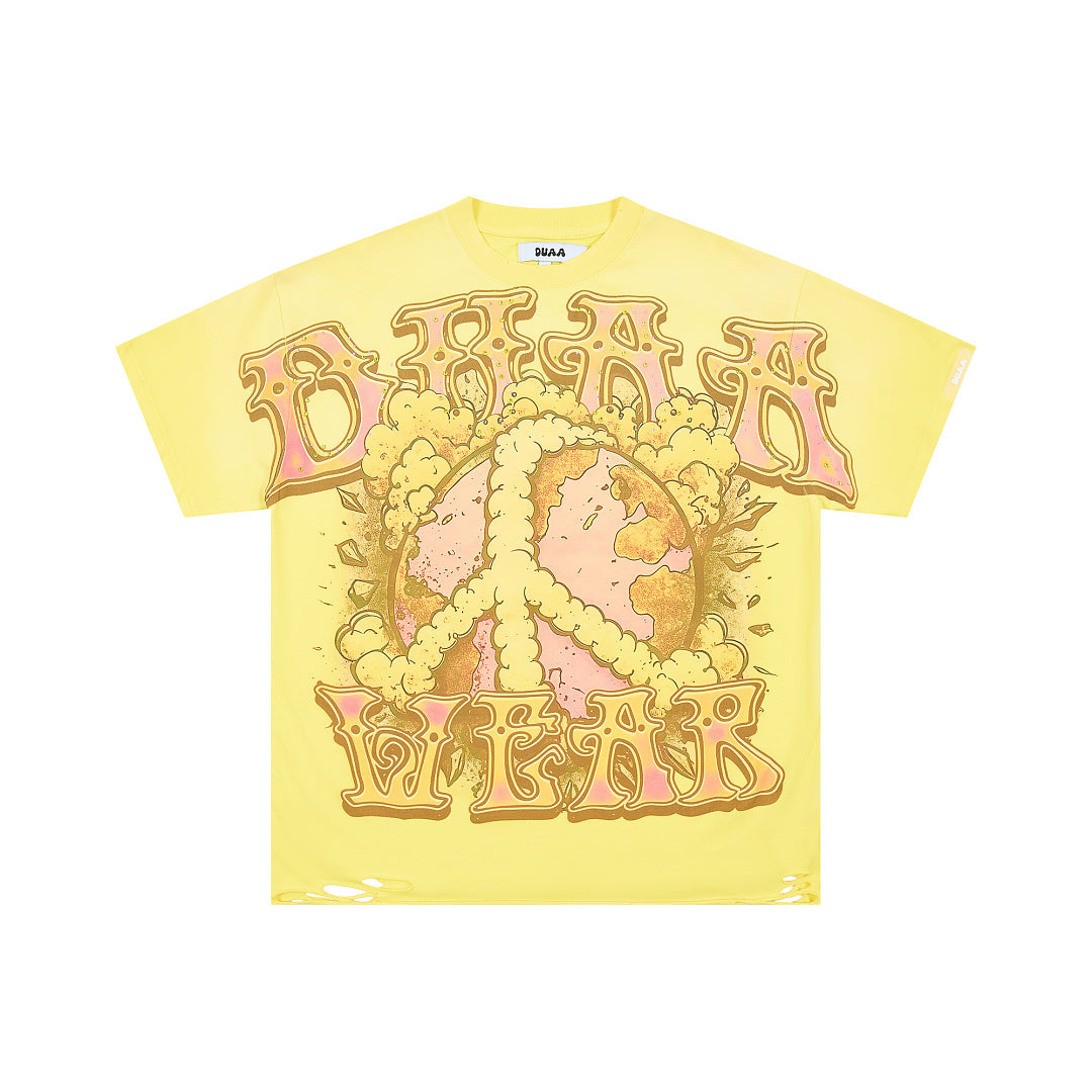 Yellow Vintage Peace Symbol Globe Graphic Oversized T‑Shirt