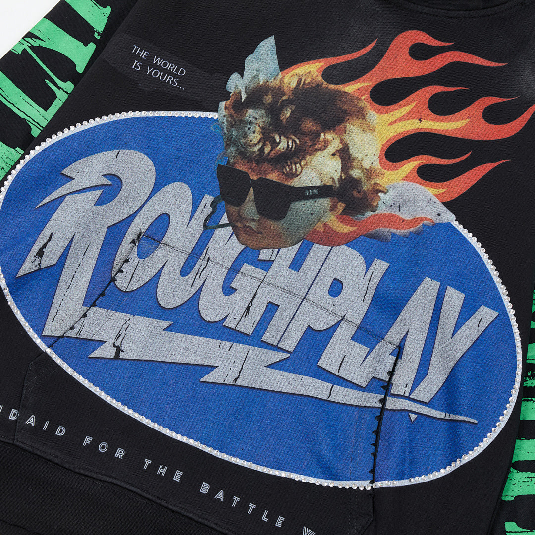 Roughplay Black Flame Graphic Hoodie Men Oversized Streetwear Pullover Hooded Sweatshirt