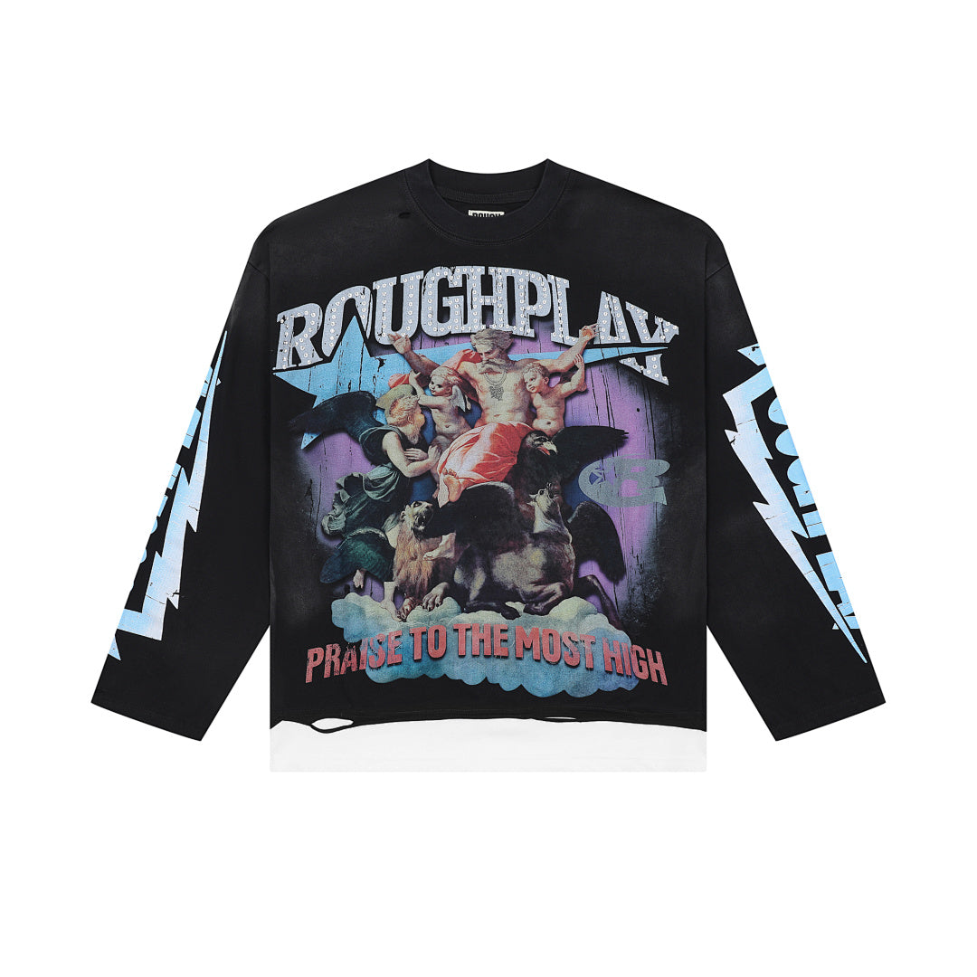 Roughplay Retro Warrior Art Graphic Long Sleeve Tee Men Oversized Streetwear Top